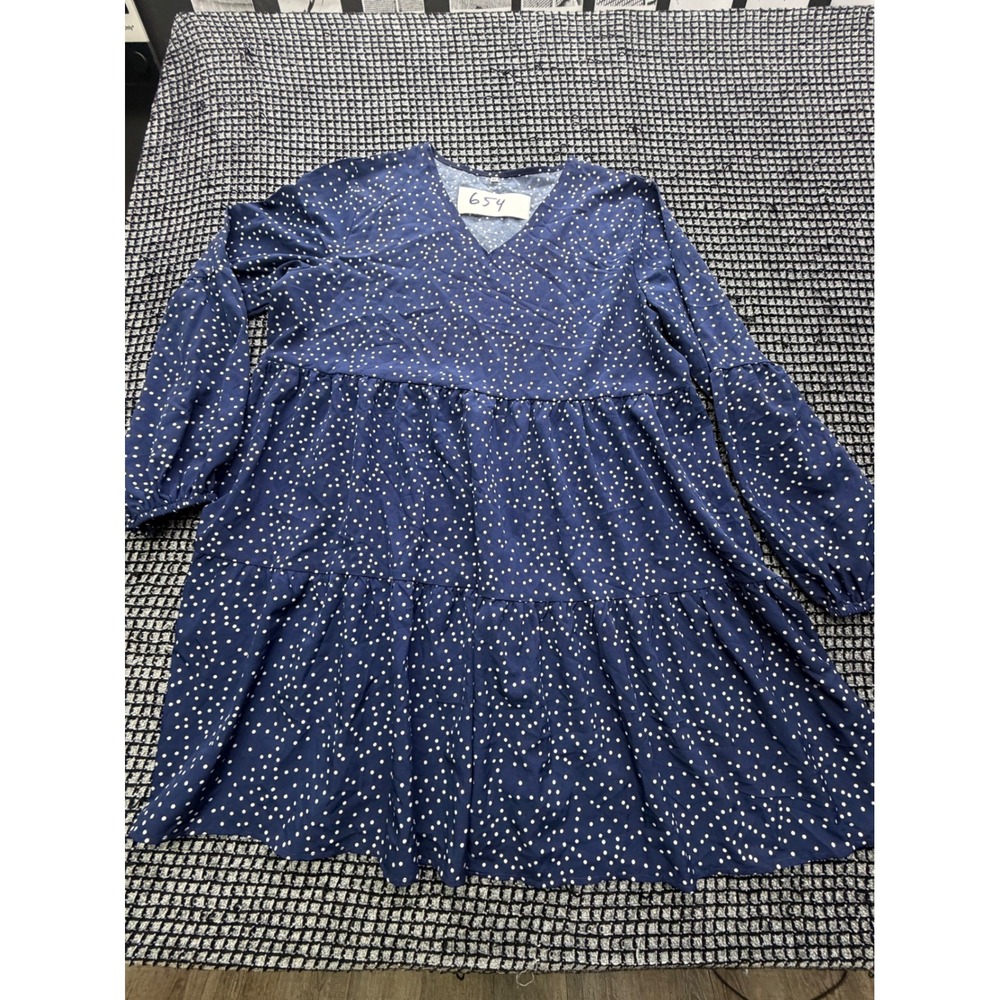 Unbranded Polka Dot Dress Women XL Navy Blue Excellent Tiered Puff Sleeve V-Neck